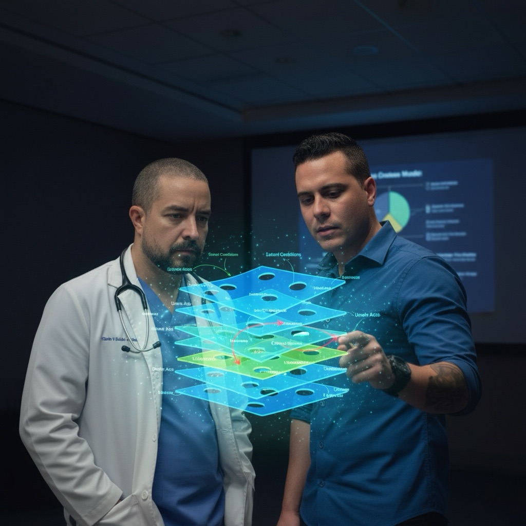 Dois homens observam e discutem sobre um modelo tridimensional em camadas, apresentado como um holograma, sugerindo uma avaliação de fatores humanos pelo modelo de James Reason. Um dos homens veste um jaleco, sugerindo ser médico, o outro, de camisa azul, de acordo com o contexto é um psicólogo. Ao fundo uma tela com um diagrama é apresentada.